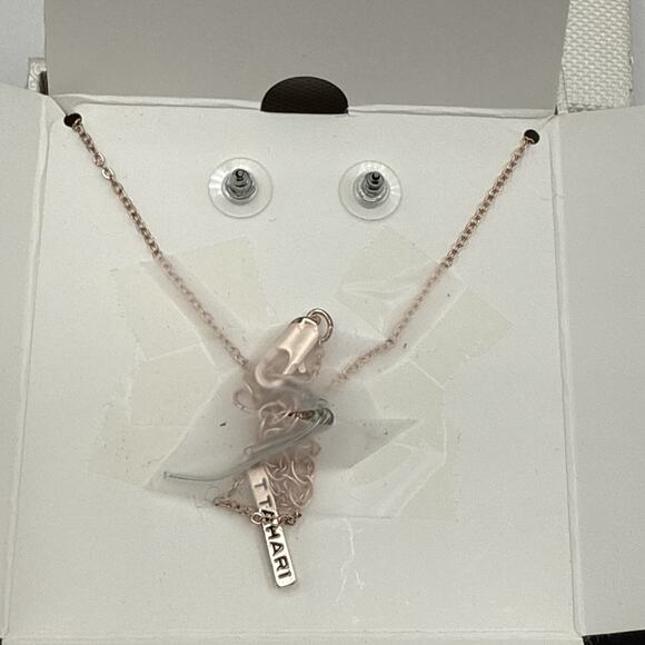 Tahari Necklace Earrings Set Champagne CZ Rose Gold Tone Bezel 18" Chain NIB - Picture 4 of 8